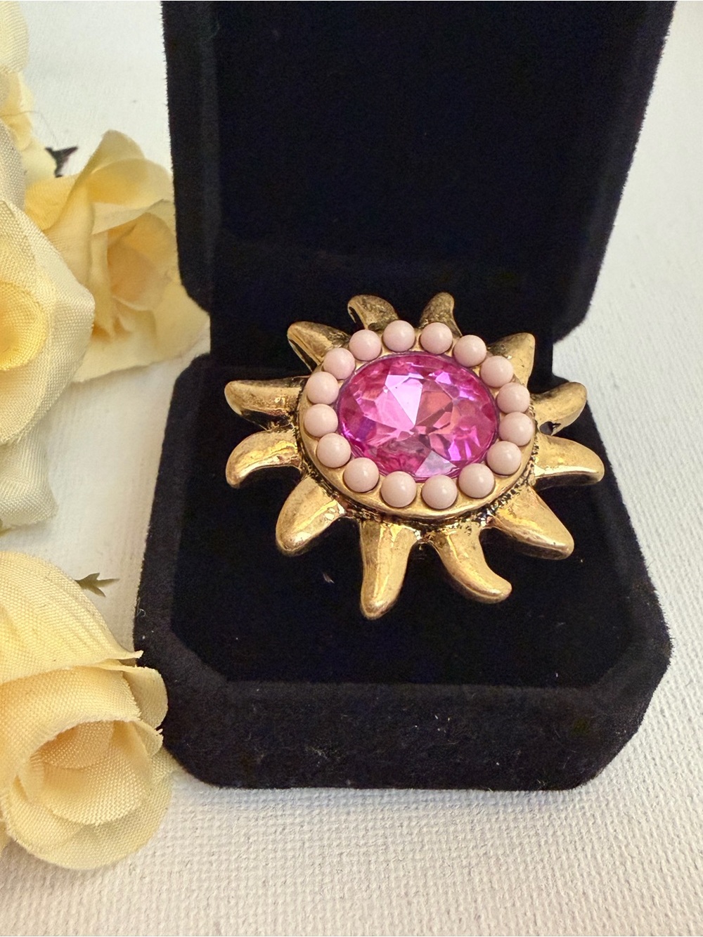 Kurt Geiger Gold Sunburst Cocktail Ring with Pink Stone Sz 9